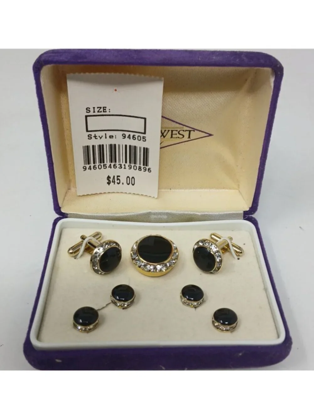 VTG Lord West Mens GoldTone Cufflinks & Studs Set Black Stone Crystal W/ Box #J4